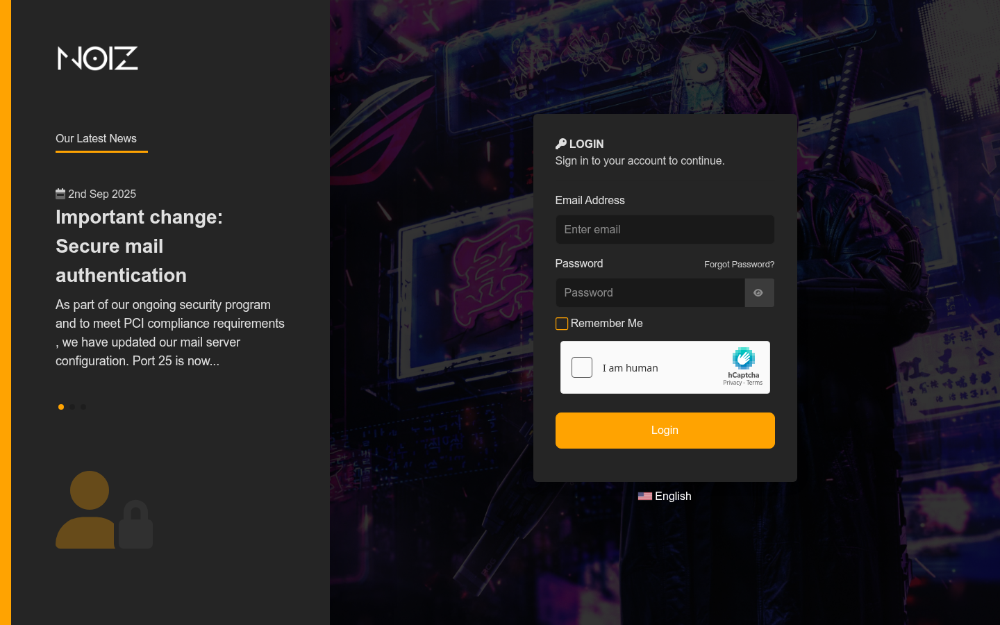 The Noiz Console login form, with Email Address and Password fields and the Login button