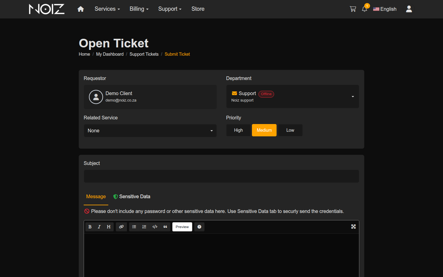 The Open Ticket form in the Noiz Console, with Department, Priority, Subject and Message fields