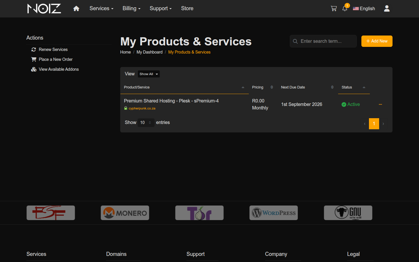 The My Products & Services page in the Noiz Console, listing hosting services with price, next due date and status