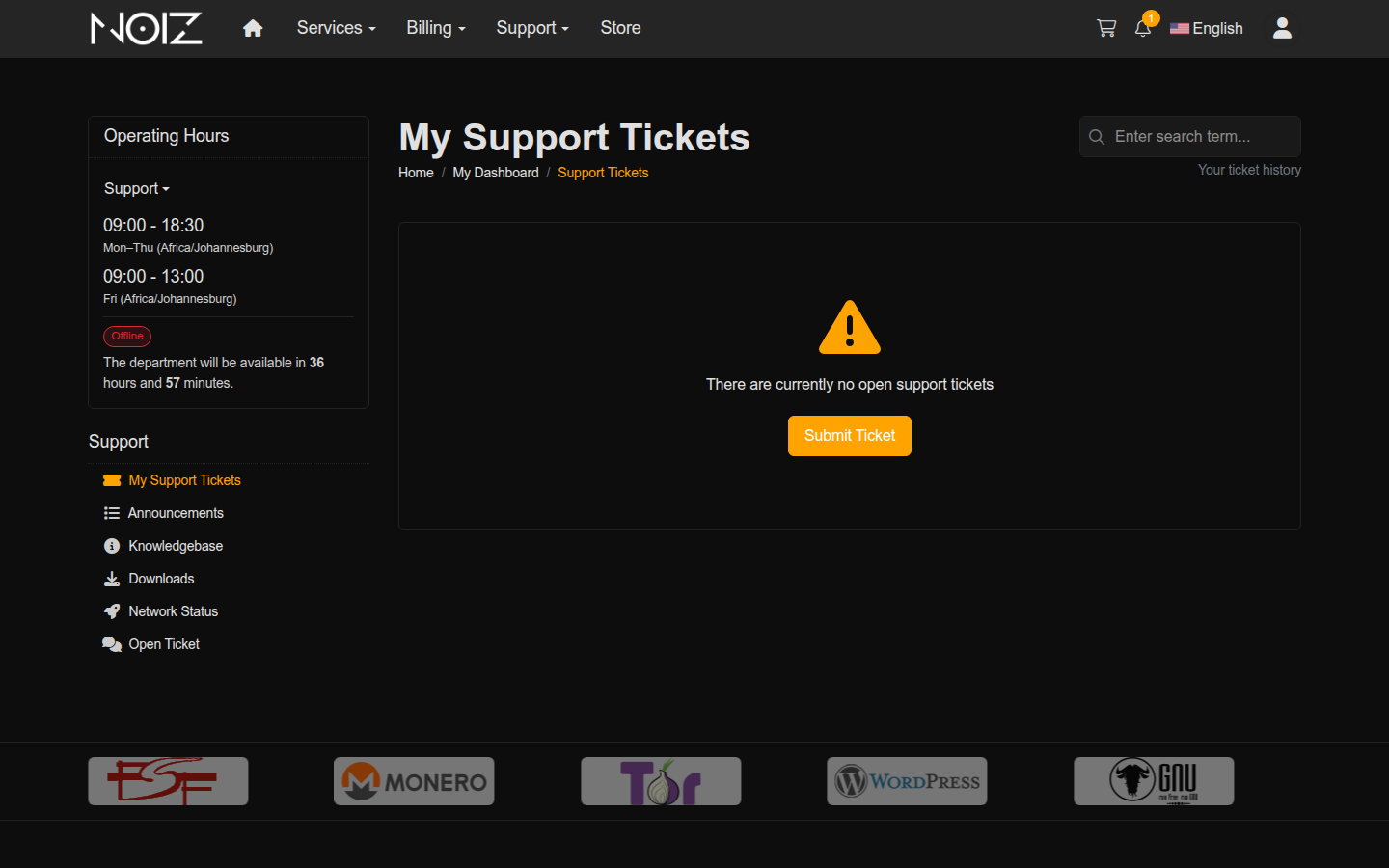 The Support Tickets page in the Noiz Console, listing open and past tickets