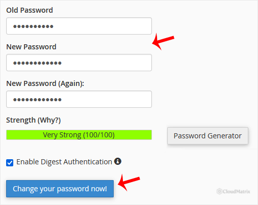 The cPanel Password and Security page with fields for the old password, new password, and a password generator