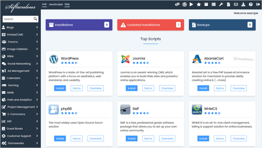 The Softaculous Apps Installer interface listing available web applications by category