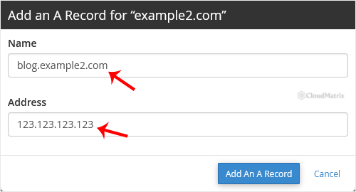 The Add an A Record dialogue box in the cPanel Zone Editor showing the Name and Address fields