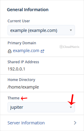 The retired paper_lantern Theme drop-down menu in the old cPanel General Information panel
