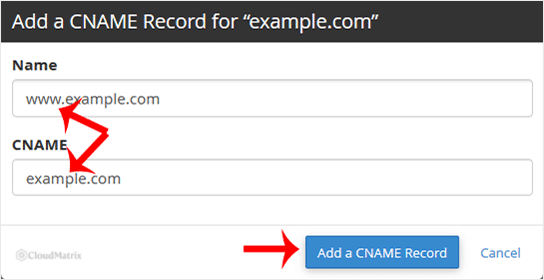 The Add a CNAME Record dialogue box in cPanel Zone Editor showing the Name and CNAME fields