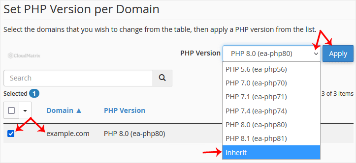 The MultiPHP Manager domain list with a domain ticked and the PHP Version drop-down menu open beside the Apply button