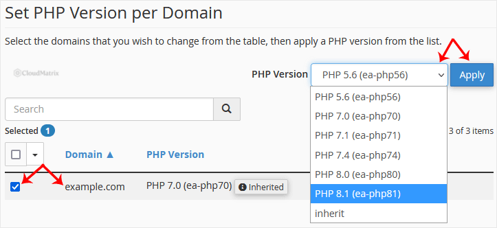 The Set PHP Version per Domain table in cPanel MultiPHP Manager with a domain ticked, the PHP Version drop-down open and the Apply button highlighted