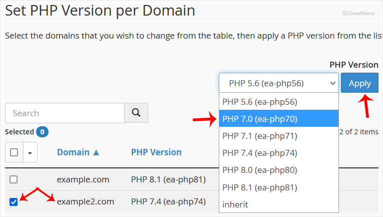 The same MultiPHP Manager table with the second domain ticked and a different PHP version selected, so the two domains run separate versions
