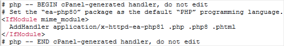 The cPanel-generated PHP handler block, between the BEGIN and END comment markers, shown in an .htaccess file open in the File Manager editor
