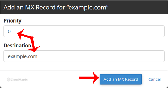 The cPanel Add MX Record form showing the Priority and Destination fields for a domain
