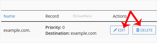 The Edit and Delete buttons beside a DNS record row in the cPanel Zone Editor