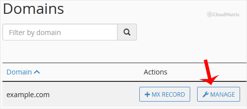 The Manage link and record shortcut buttons beside a domain in the cPanel Zone Editor