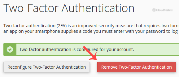 The cPanel Two-Factor Authentication page showing the Remove Two-Factor Authentication button