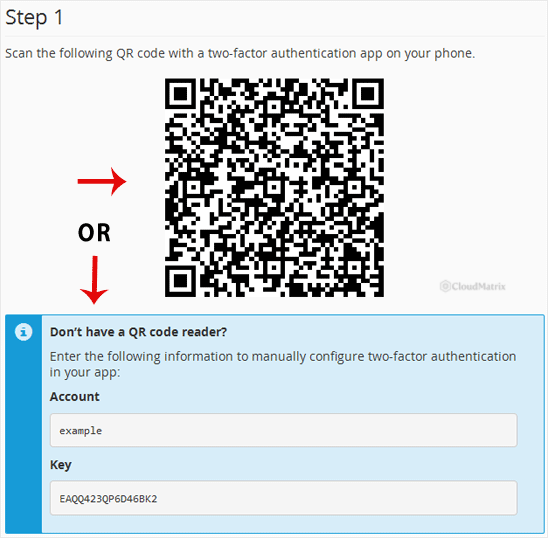 The cPanel Two-Factor Authentication setup page showing the QR code, account name and secret key