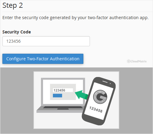 Entering the six-digit security code and clicking Configure Two-Factor Authentication in cPanel