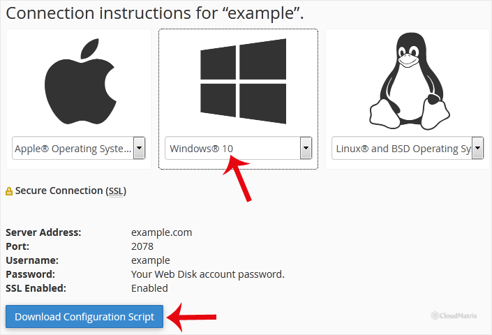 The Web Disk client configuration page in cPanel with the operating system drop-down menu and the Download Configuration Script button