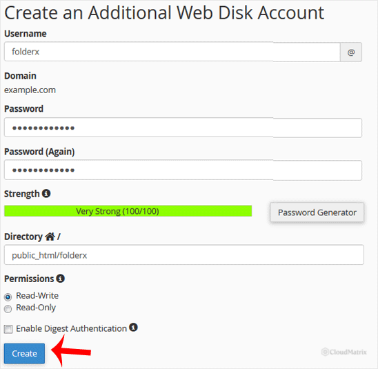 The Create an Additional Web Disk Account form in cPanel showing the Username, Password, Directory and Permissions fields