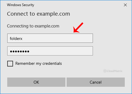 The Windows authentication prompt asking for the Web Disk username and password
