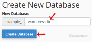 Entering a new database name in the New Database field in cPanel