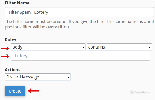 A global email filter rule set to match when the message Body contains a given word