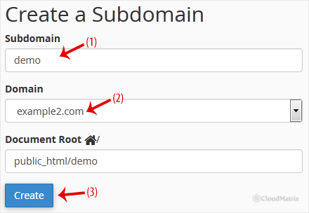 Entering a subdomain name and choosing its document root before submitting