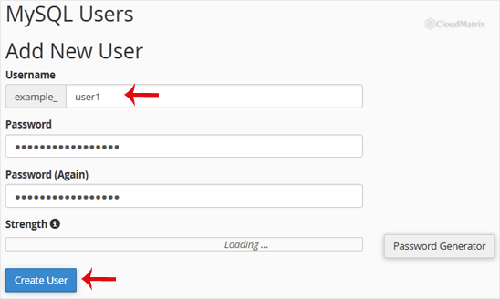 The Add New User form in cPanel showing the Username, Password and Password Again fields
