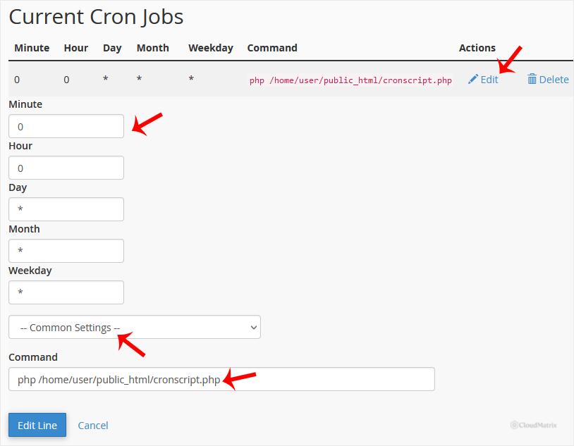 Editing the schedule and command of a cron job in cPanel and clicking Edit Line