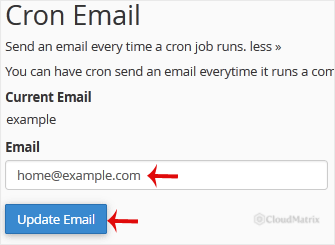 The Cron Email field with an address entered and the Update Email button