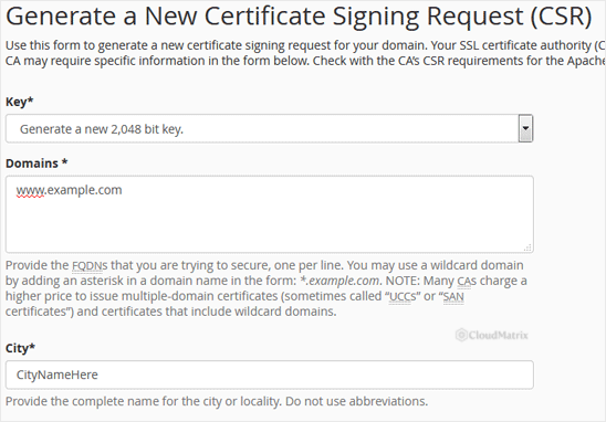 The Generate a New Certificate Signing Request form in cPanel, showing the domain, city, state, country, company, email and passphrase fields
