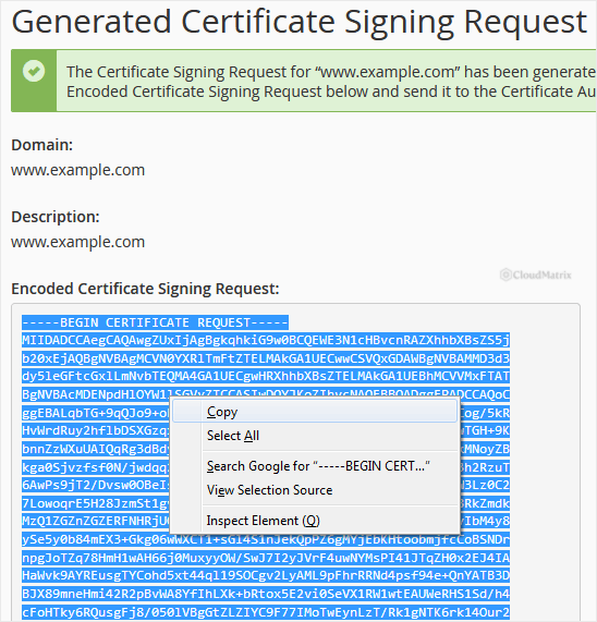 The generated certificate signing request displayed in cPanel as an encoded block of text ready to copy