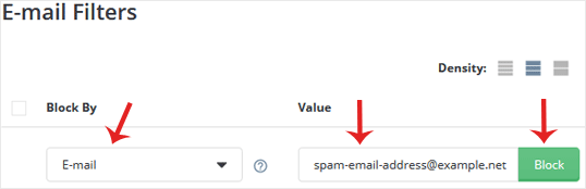 The E-mail Filters section of DirectAdmin with Block By set to Email, a sender address entered in the Value field, and the Block button highlighted