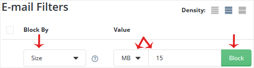DirectAdmin SPAM Filters page with Block By set to Size and a value entered in MB