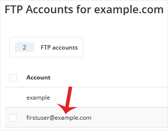 The DirectAdmin FTP Accounts list with an existing FTP user selected for editing