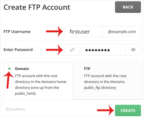 The DirectAdmin Create FTP Account form showing the username, password and account type options