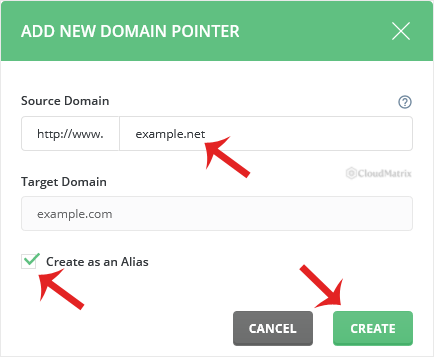 The DirectAdmin Create Domain Pointer form with the Source Domain field and the Create as an Alias tick box