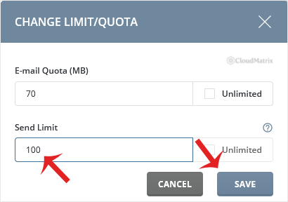 The DirectAdmin Change Limits dialog showing the Send Limit field alongside the mailbox disk quota