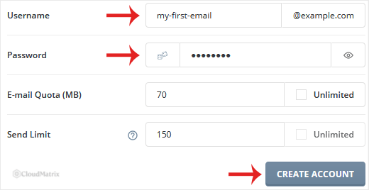 The DirectAdmin Create Account form for a new email account, showing the username, password, quota and send limit fields