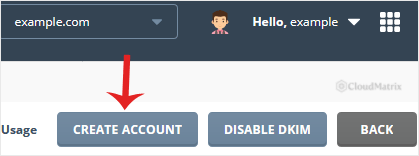 The E-mail Accounts page in DirectAdmin with the Create Account button highlighted at the top right