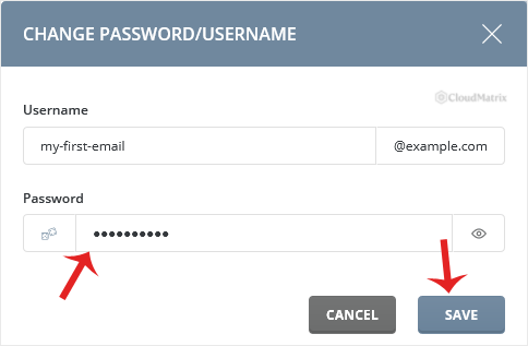The DirectAdmin change password form for an e-mail account, showing the password field, strength indicator and Generate Random Password option