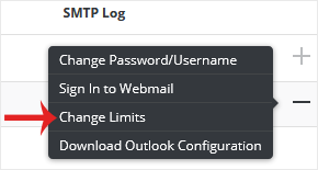 The expanded plus menu on a DirectAdmin mailbox row with the Change Limits option selected