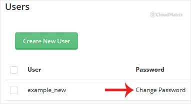 The Users list for a DirectAdmin database showing the Change Password action for a database user