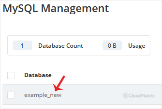 The list of databases in DirectAdmin MySQL Management, with a database name selected