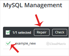 The DirectAdmin MySQL Management screen with a database selected and the Repair and Check buttons highlighted