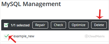 The DirectAdmin MySQL Management database list with a database selected by checkbox