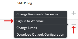The expanded mailbox row in DirectAdmin showing the Sign In to Webmail action