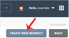 The Create New Redirect button at the top right of the DirectAdmin Site Redirection page