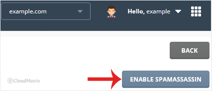 The Enable SpamAssassin button at the top right of the DirectAdmin SpamAssassin Setup page