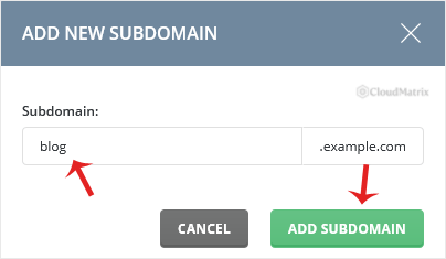 The DirectAdmin Add Subdomain form with blog typed into the Subdomain field