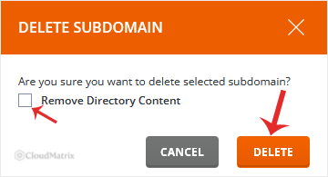 The DirectAdmin subdomain deletion confirmation showing the Remove Directory Content option and the Delete button