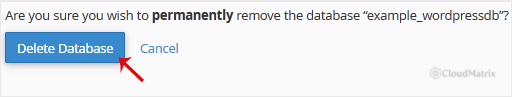 The Delete Database confirmation button in cPanel